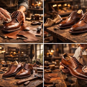 May include: A shoemaker working on a pair of brown leather dress shoes. The shoes are being polished with a cloth. The workshop is filled with tools and leather pieces, suggesting a focus on craftsmanship and quality footwear.