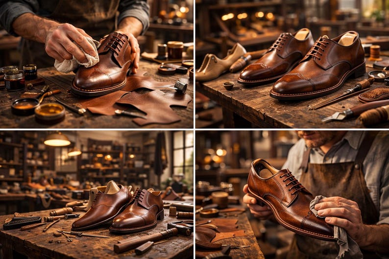 May include: A shoemaker working on a pair of brown leather dress shoes. The shoes are being polished with a cloth. The workshop is filled with tools and leather pieces, suggesting a focus on craftsmanship and quality footwear.