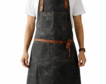 Leather Apron for Men, Waxed Canvas Apron, Work Apron with Pockets, Chef Apron, BBQ Apron, Carpenter Apron, Gift for Dad, Husband
