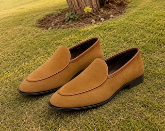 Handmade Brown Suede Leather Loafers Men Slip On Formal Dress Shoes