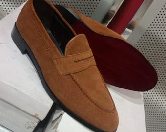 Men's Chocolate Brown Suede Penny Loafers Handmade Leather Slip On Casual Dress Shoes Luxury Premium