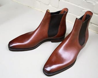 Mens Brown Chelsea Boots Handmade Leather Slip On Ankle Boots Casual Shoes