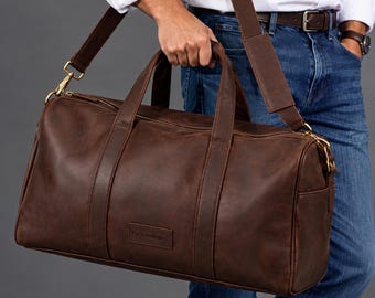 Brown Leather Duffel Bag Personalized Men's Weekender Travel Luggage Overnight Carry On