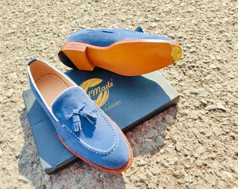 Blue suede Handmade tasseled leather loafer Shoes – Artisan Crafted Footwear