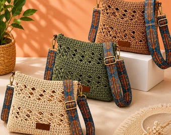 Crochet Crossbody Bag, Boho Shoulder Purse, Handmade Woven Summer Bag, Adjustable Strap