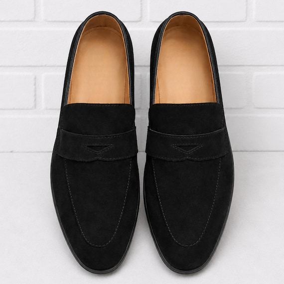 Men's Black Suede Penny Loafers Handmade Leather Slip On Dress Shoes Luxury Formal Loafers