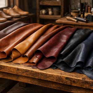 May include: A collection of leather hides in various shades of brown, tan, and black, arranged on a rustic wooden table. The leather is folded and draped, showcasing its texture and color variations. The background includes shoemaking tools and finished leather shoes.