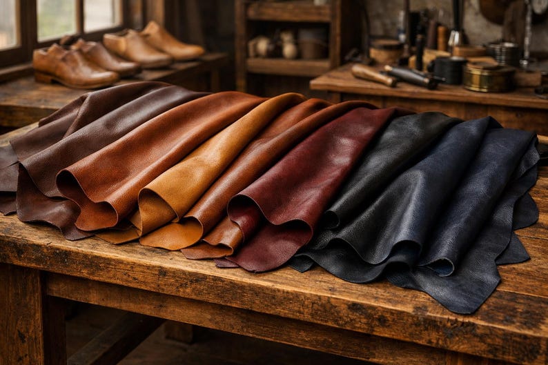 May include: A collection of leather hides in various shades of brown, tan, and black, arranged on a rustic wooden table. The leather is folded and draped, showcasing its texture and color variations. The background includes shoemaking tools and finished leather shoes.