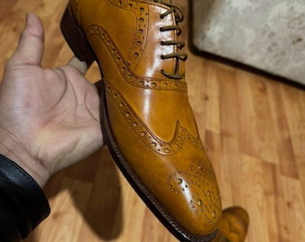 Brown Oxford Wingtip Brogue Shoes Men Handmade Genuine Leather Dress Shoes Custom