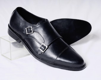 Handmade Men Black Leather Double Monk Strap Shoes , Custom Dress Formal Wedding Shoes Cap Toe Oxford Style, Luxury Leather Footwear