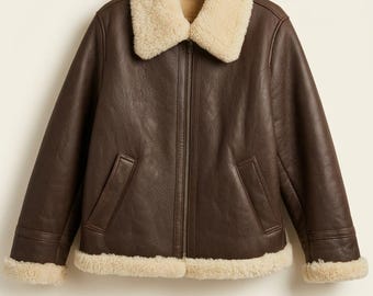 Shearling fur chocolate brown Leather Aviator Jacket, Winter Bomber B3 Coat for men/women