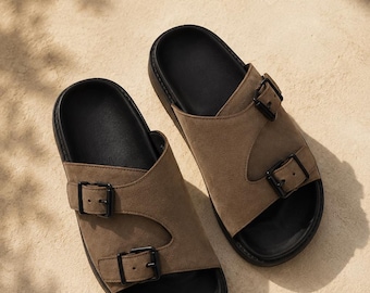 Men's Brown Suede Double Buckle Slides Handmade Leather Sandals Comfortable Summer Slip On