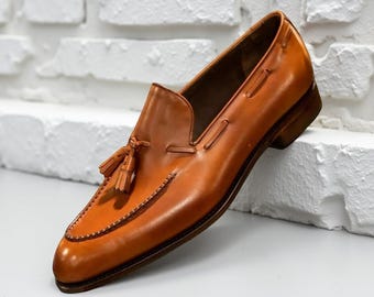 Brown Tassel Loafers Men Handmade Leather Slip On Shoes Classic Dress Shoes