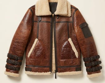 Genuine Shearling Leather Aviator Jacket, Winter Bomber B3 Coat for men/women