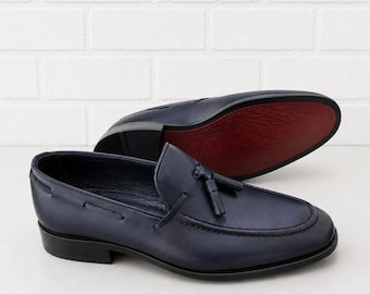 Classic Navy Blue Loafers Men Handmade Durable Leather Sole Formal Dress Footwear