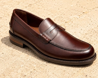 Brown Genuine Leather Penny Loafers Handmade Slip On Dress Shoes For Men