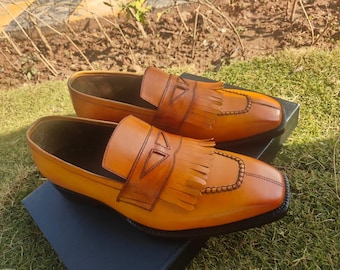 Men Tan Brown Fringe Loafers, Handmade Leather Slip On Dress Shoes, Classic Formal Wedding Footwear