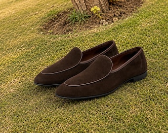 Dark Brown Suede Loafers Handmade Leather Slip On Dress Shoes for Men