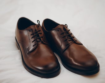Men's Brown Genuine Leather Derby Shoes Handmade Formal Office Dress Lace Up Footwear