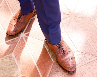 Men's Tan Leather Oxford Brogue Shoes Handmade Wingtip Formal Dress Lace Up Classic Footwear