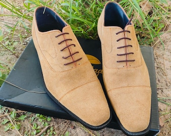 Men Tan Brown Suede Oxford Cap Toe Shoes, Handmade Leather Lace Up Formal Wedding Footwear