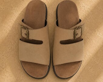 Beige Suede Slides for Men Handmade Leather Buckle Sandals Premium Slip-On Slippers Comfortable Summer Slides Minimalist Footwear