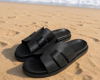 Black Leather Slides for Men | H-Band Slip On Sandals | Handmade Sliders | Summer Poolside Shoes | Minimalist Flat Slides