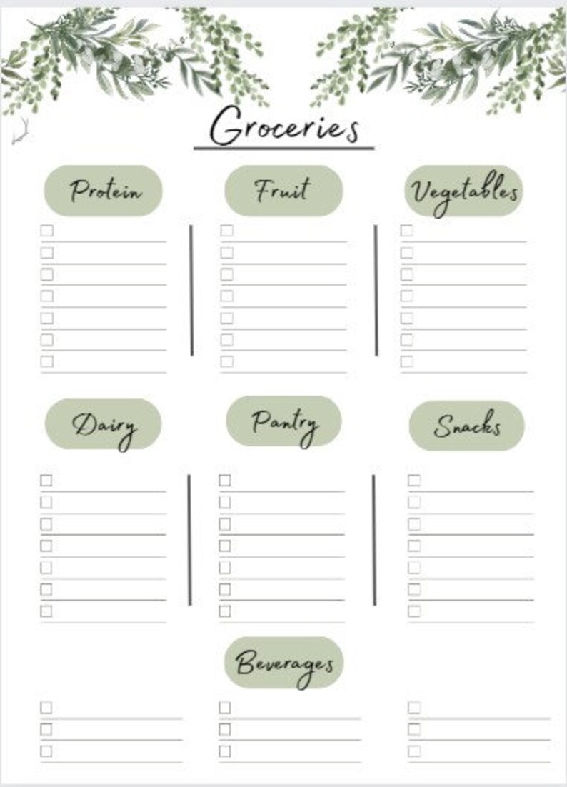 Printable Weekly Meal Plan With Grocery List With Leafy Top Border - Etsy