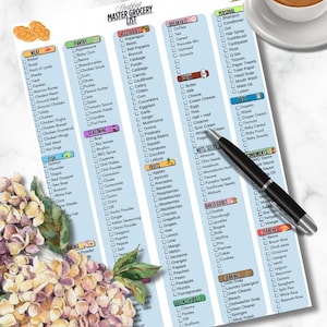 Könnte beinhalten: Eine druckbare Einkaufsliste mit Kontrollkästchen für verschiedene Lebensmittel, darunter Fleisch, Vorratsprodukte, Gemüse, Obst, Nüsse, Samen, Backwaren, Reinigungsmittel und Gewürze. Die Liste ist in Kategorien mit bunten Überschriften und Illustrationen geordnet.