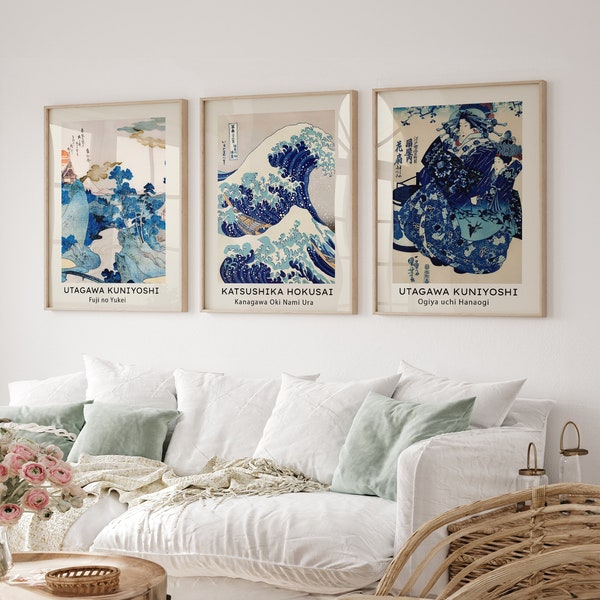 Set of 3 Framed Canvas  Wall Art Japanese Art by Katsushika Hokusai Print Japanese Decor Great Wave Ocean Print for Living Room Wall Art