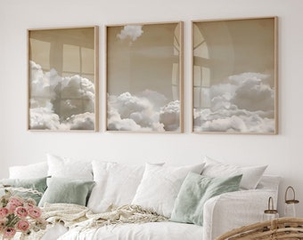 Framed Canvas Cloud Wall Art Set of 3 Beige Cloud Print Aesthetic Above Bed Decor Bedroom Decor Cloud Poster Beige Abstract Art Sky Wall Art