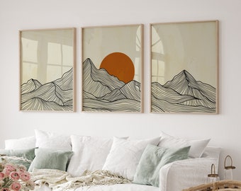 Framed Canvas Wall Art Set of 3 Mountain Prints Art Framed Wall Art Mountain Line Art Minimalist Art Japandi Boho Decor for Livingroom