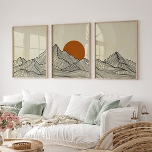 Framed Canvas Wall Art Set of 3 Mountain Prints Art Framed Wall Art Mountain Line Art Minimalist Art Japandi Boho Decor for Livingroom