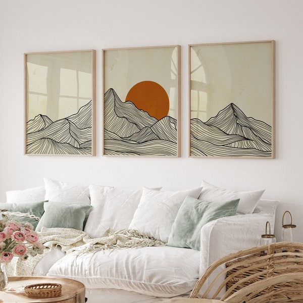 Framed Canvas Wall Art Set of 3 Mountain Prints Art Framed Wall Art Mountain Line Art Minimalist Art Japandi Boho Decor for Livingroom