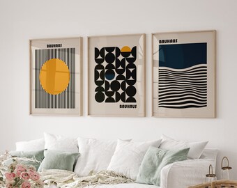 Set di 3 quadri su tela incorniciati, stampa Bauhaus, quadri da parete Bauhaus, metà secolo, quadri moderni da parete, boho, per arredamento camera da letto, poster Bauhaus