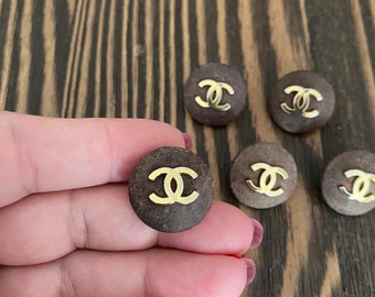 Vintage Authentic Chanel Buttons Set of 5 Suede Brown Gold color CC Logo