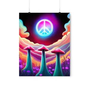 Neon Mushrooms and Peace Sign Matte Vertical Poster