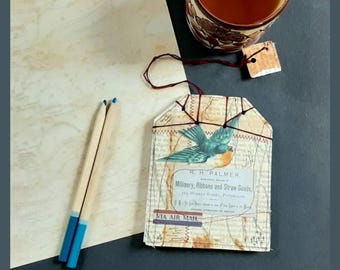 Rustic Bird Japanese Stab Bound Notepad,  Small Tea Bag Art Collage Journal