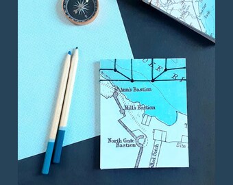 Small Traveler's Journal, Blue Vintage Map Notepad for Traveling and Sketching