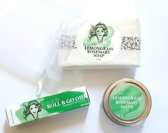 Lemongrass Rosemary Gift Set; Roll On Oil, Hand Salve and Natural Soap