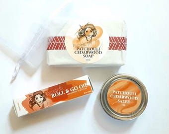 Patchouli Cedarwood Aromatherapy Self-Care Gift Set; Roll On Oil, Hand Salve and Natural Soap
