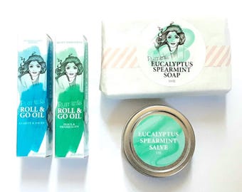 Minty Aromatherapy Gift Set with Soap, Essential Oil Rollers and Hand Salve