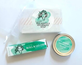 Eucalyptus Spearmint Aromatherapy Self-Care Gift Set; Roll on Oil, Hand & Cuticle Salve, Bar Soap