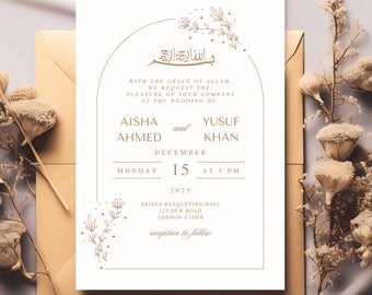 May include: Elegant wedding invitation with a cream background and gold accents. The invitation features the names Aisha Ahmed and Yusuf Khan, the date December 15, 2025, and the reception details. Floral and calligraphy elements add a touch of sophistication.