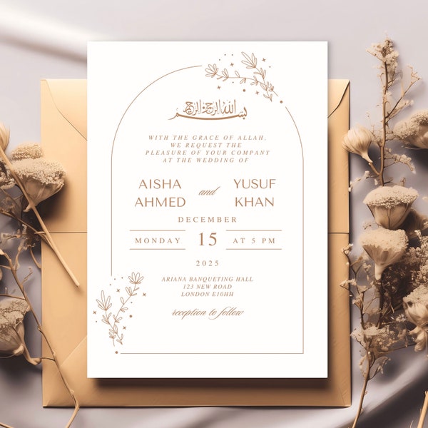 Simple Classic Muslim Wedding Invitation Digital, Modern Editable Nikkah Invite, Personalized Islamic Walima Reception Digital Printable