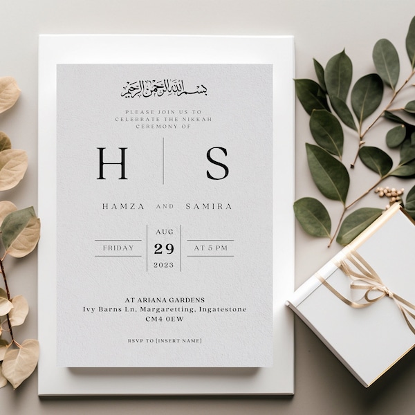 Simple Classic Muslim Wedding Invitation Digital, Modern Editable Nikkah Invite, Personalized Islamic Walima Reception Digital Printable