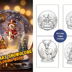 Christmas Snow Globe Coloring Pages,Santa&#39;s Magical Snow Globe, Winter Digital Backdrop,Instant Download,Grayscale pages,Printable PDF File