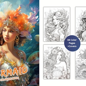 48 Mermaids Colouring Book, Underwater Princess, Adults + kids- Instant Download Grayscale ,  FLoral Mermaid Coloring Book - Printable PDF,