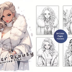 84 Winter Girls Coloring Book Pages for Adults, Beautiful Women, Cute girls, Instant Download, Grayscale printable Christmas coloring PDF