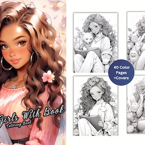 40 Afro Mädchen mit Bücher Digitales Malbuch Mode Mädchen Malseiten Schwarze Frauen Stil Schöne Mädchen, Graustufen Färbung PDF &PNG